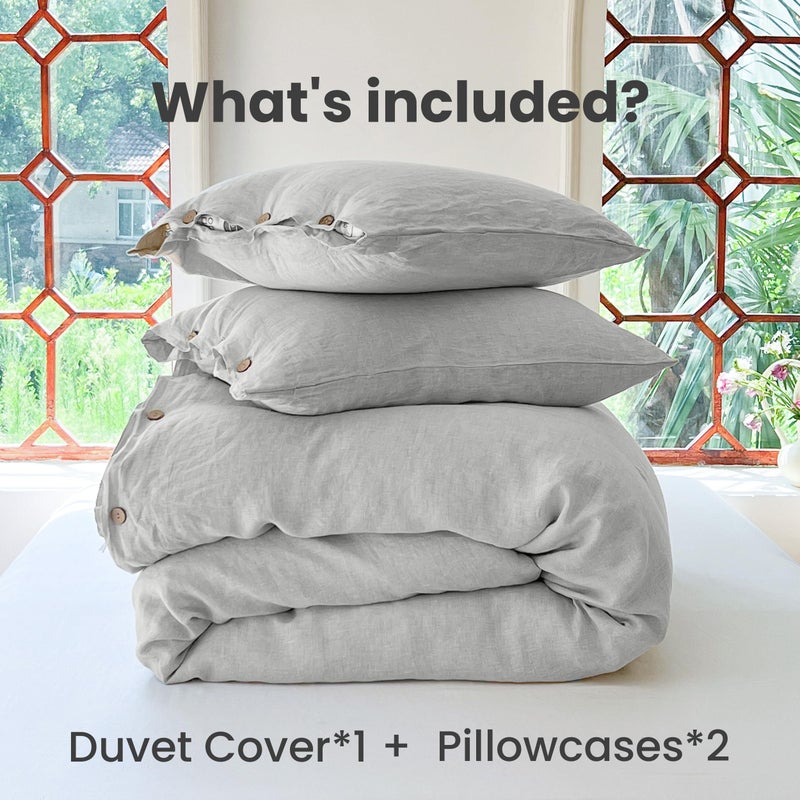Simple&Opulence 100% Linen Duvet Cover Set 3pcs with Coconut Button Closure Natural French Washed Flax Solid Color Soft Breathable Farmhouse Bedding - Light Grey, King Size - Image 4
